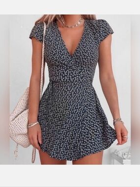 Brandy Melville Robbie Navy Floral Wrap Mini Dress